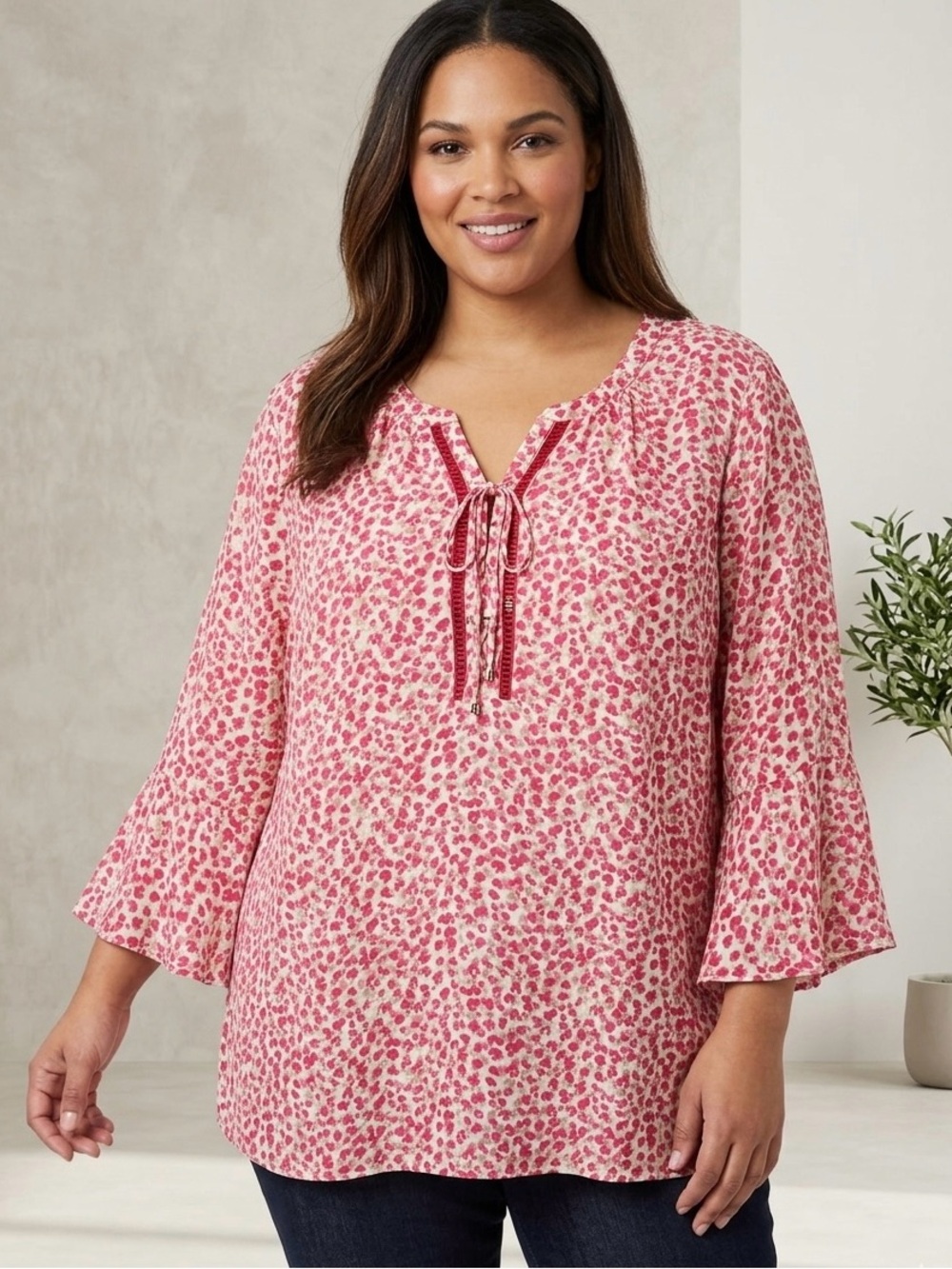 Catherines Abstract Rosette Animal Print Bell Sleeve Lace Up Front Blouse
